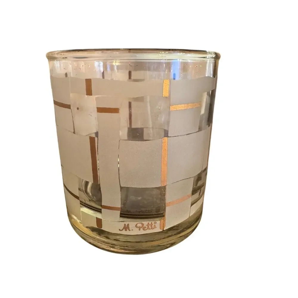 Vintage Libbey M Petti Golden Plaid Rocks Glass MCM Frosted Gold Checkerboard